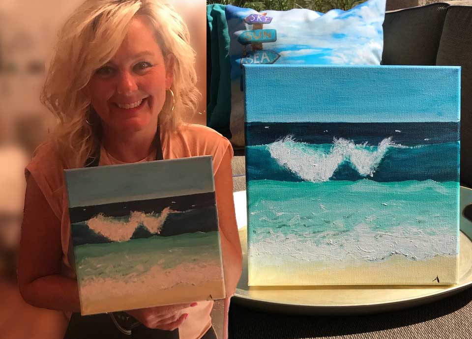 Amy's first beach wave painting, alongside the finished larger canvas